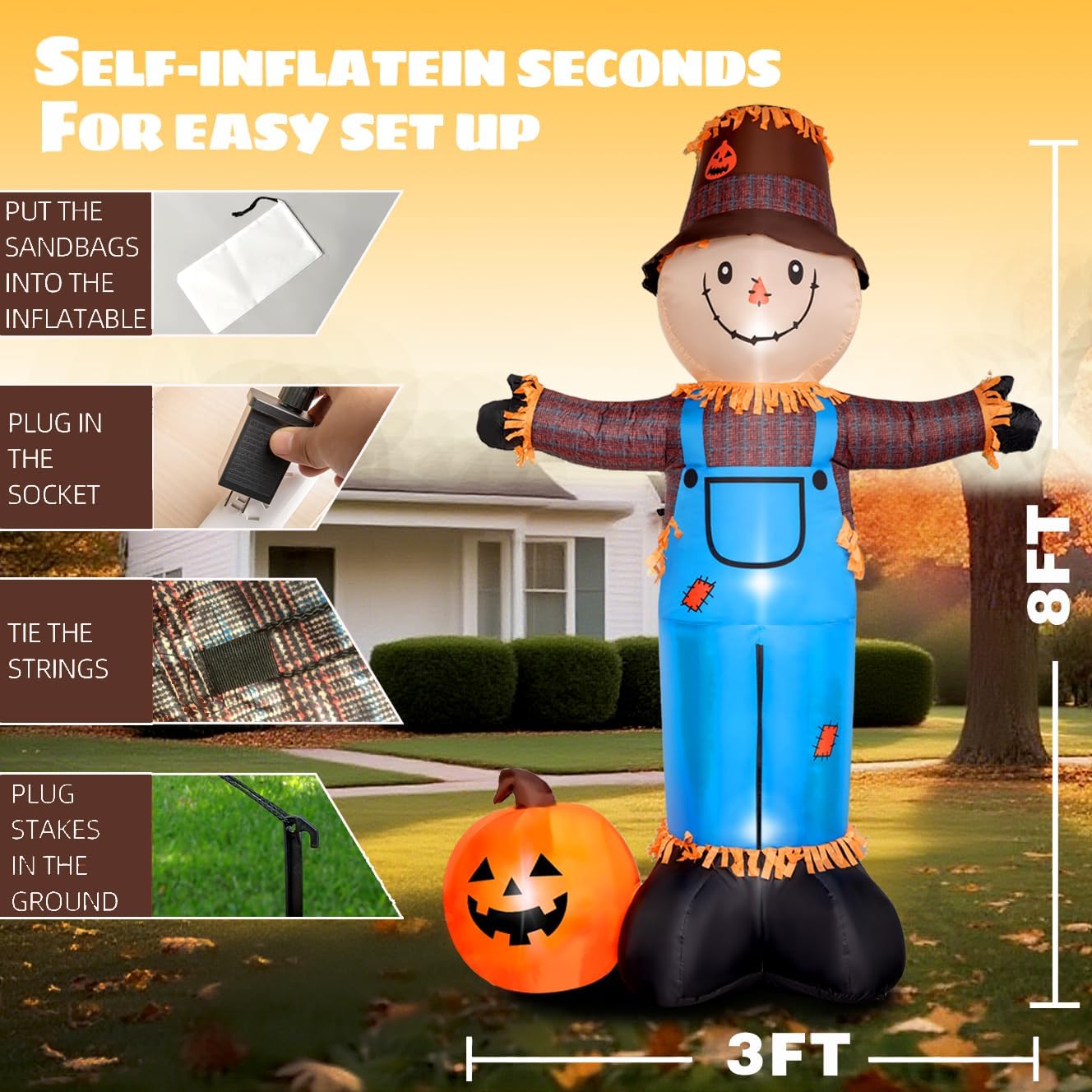 8FT Fall Inflatables Scarecrow with Pumpkin and Built-in LEDs