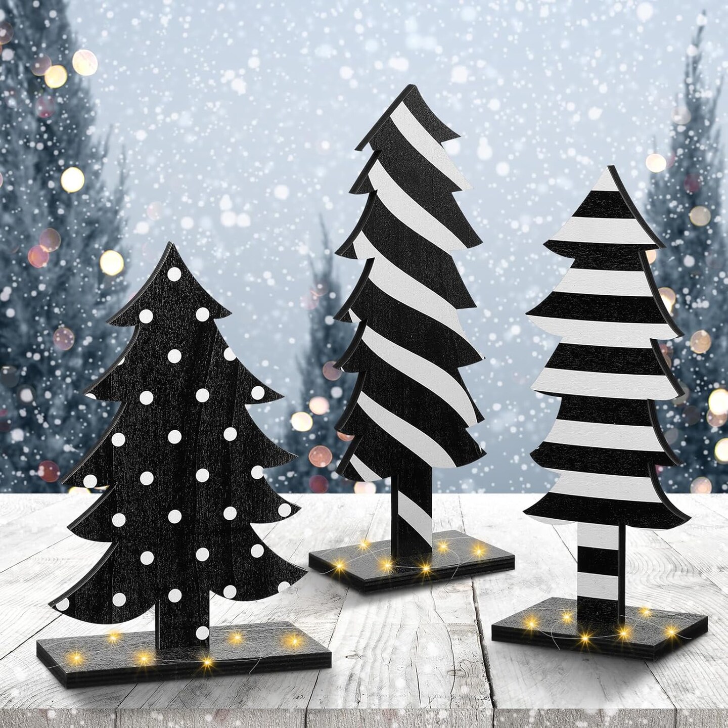 Black and White Wooden Christmas Tree Centerpieces (3 Pcs)