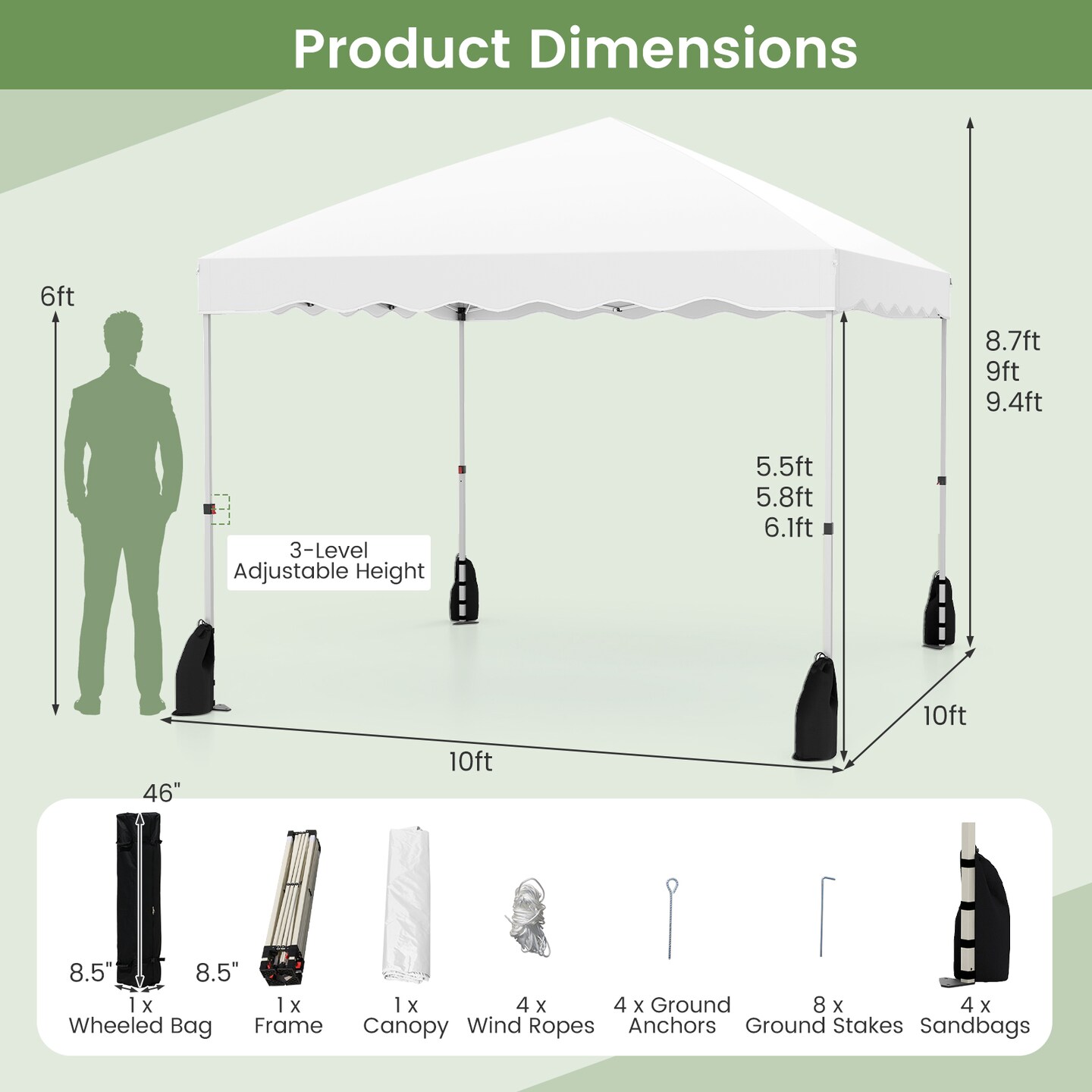 Pop Up Canopy Tent 10 x 10 ft Adjustable Height Wheeled Carry Bag