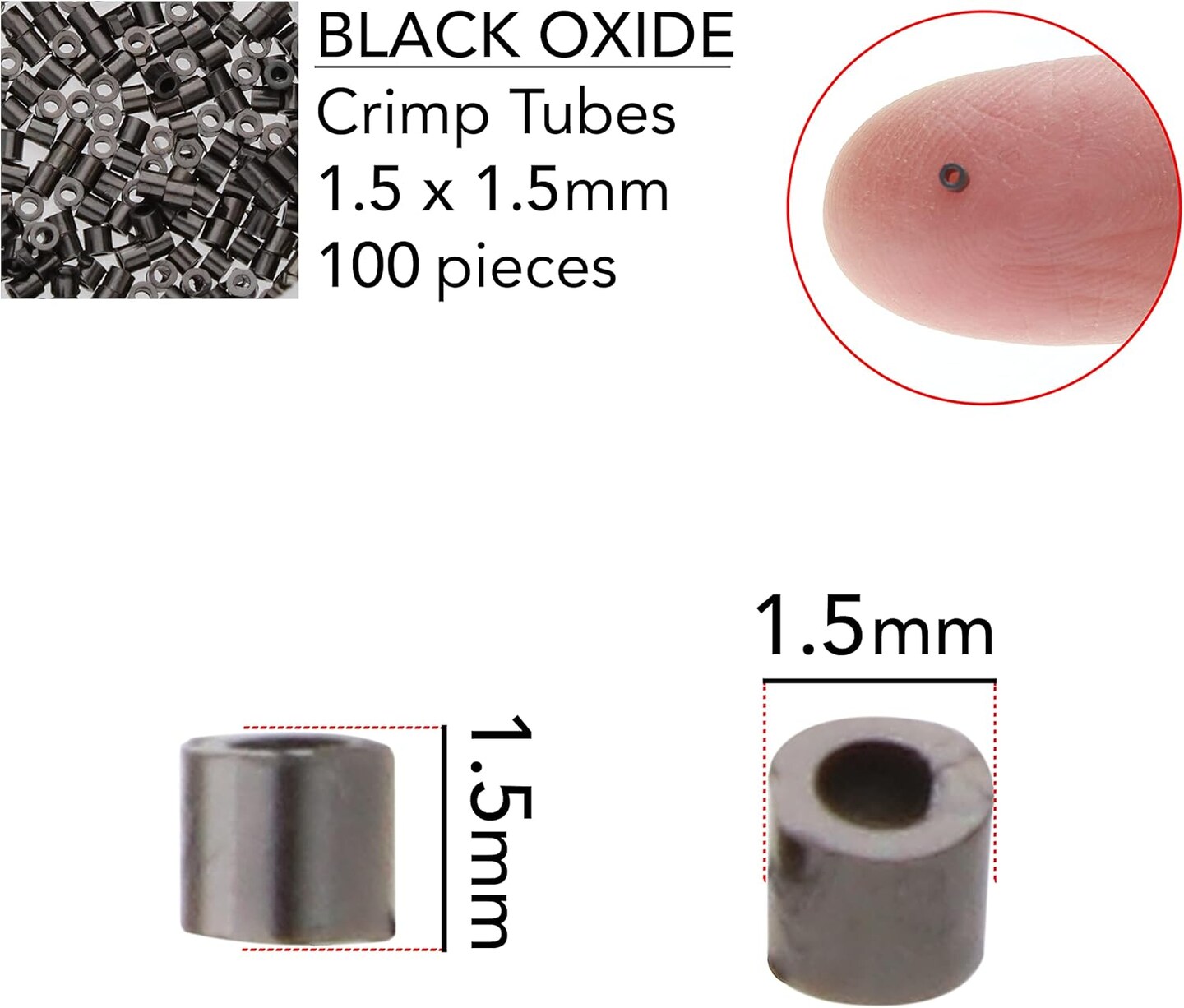 The Beadsmith Tube Crimp Beads, 1.5 x 1.5mm, 100 Pieces, Black Oxide Color, Uniform Cylindrical Shape, No Sharp Edges, Designed to Secure The Ends of Jewelry Stringing Wires and Cables