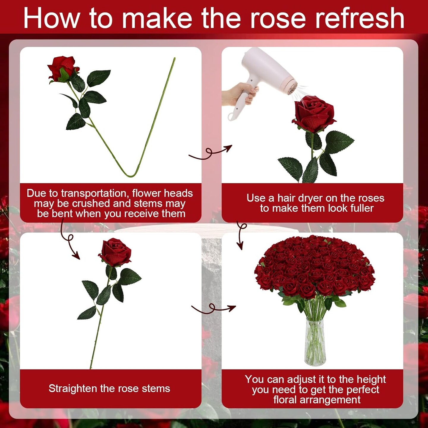 45 Pcs Red Roses Artificial Flowers with Long Stems(red)