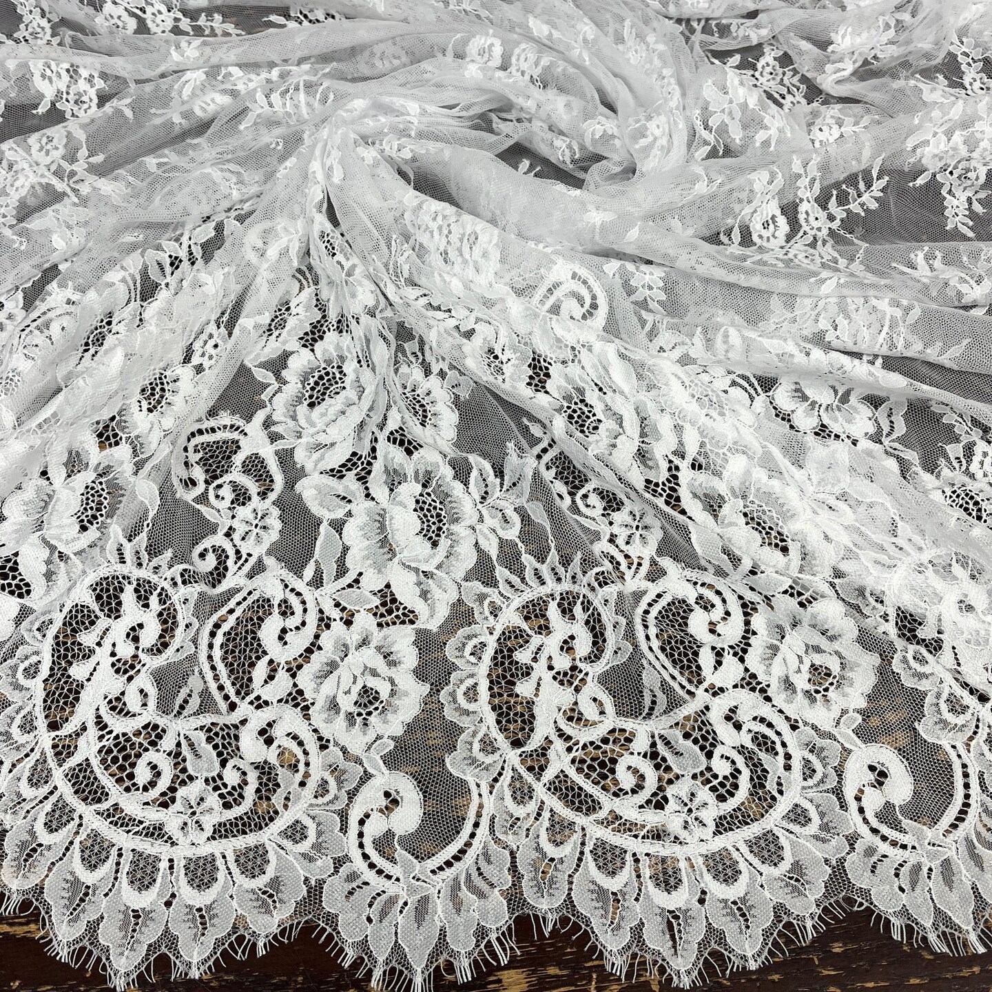 1 Yard Chantilly Embroidered Lace Fabric with Eyelash Scallop, 58" Wide French Alençon Lace for Bridal & Evening Wear
