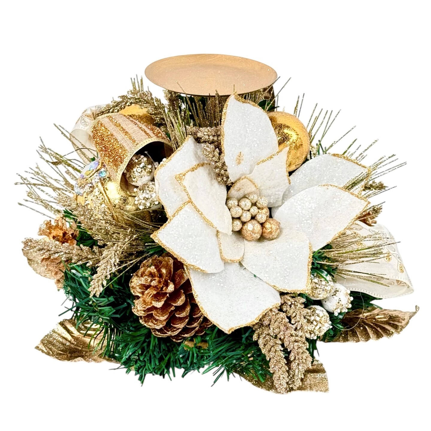 White Gold Poinsettia Single Spike Candle Holder - Christmas Holiday Tabletop Decor- Holiday Tree