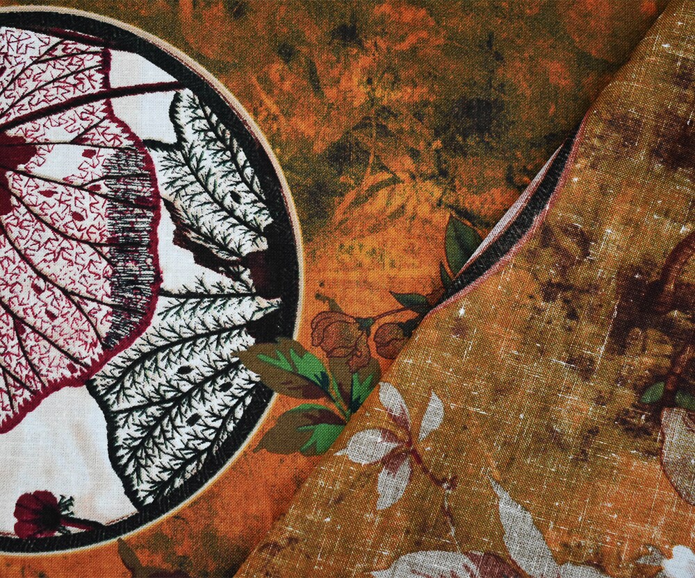 Orange-Red-Multi Floral Circle Art Printed Linen Woven Fabric By the Yard