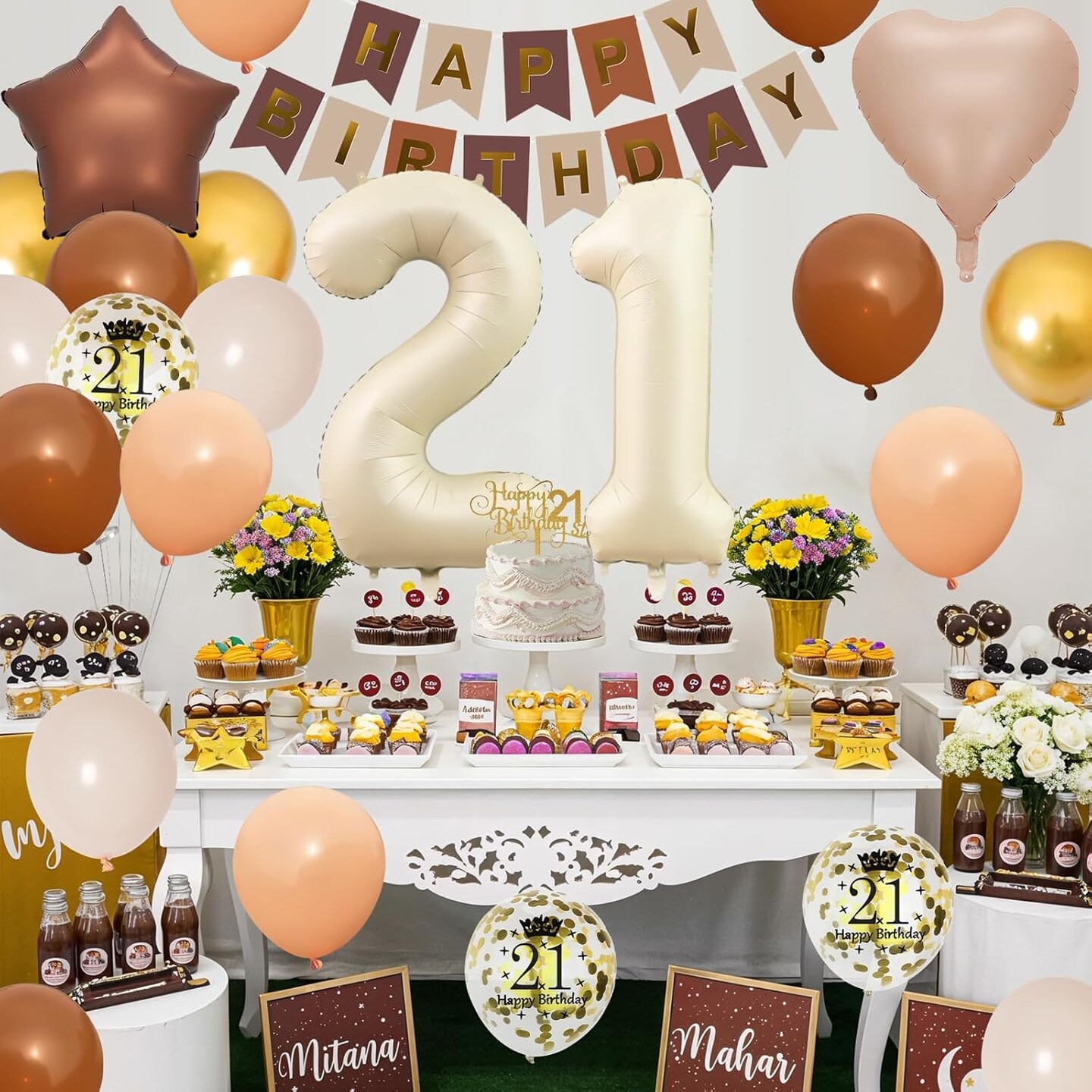 21st Birthday Balloon Number 21 Foil Balloon Happy Birthday Banner with Star Heart Balloons (21st Sand White Brown)
