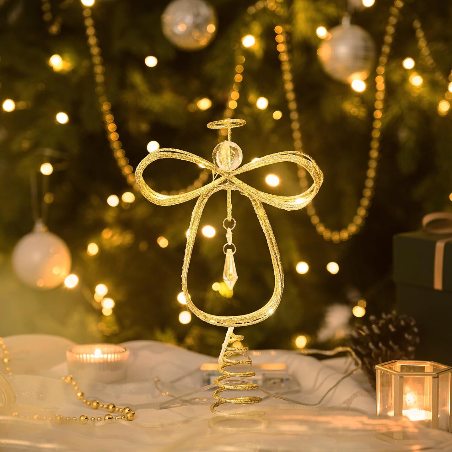 10 Inch Lighted Christmas Tree Topper Angel with Timer(Gold)