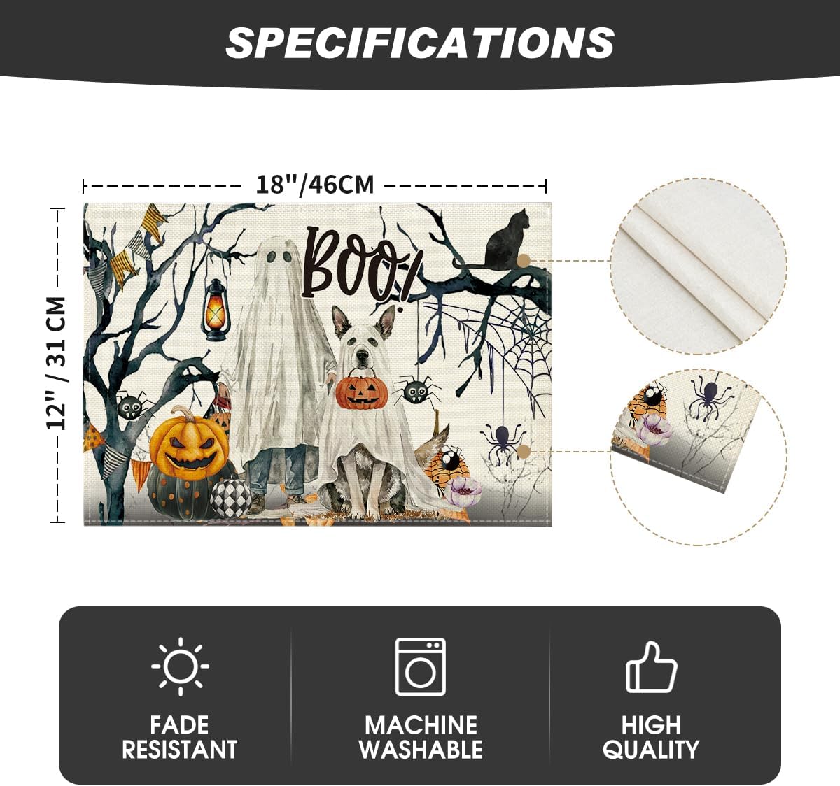 Set of 4 Ghost Pumpkins Halloween Placemats - 12x18 Inch (Black/Beige)