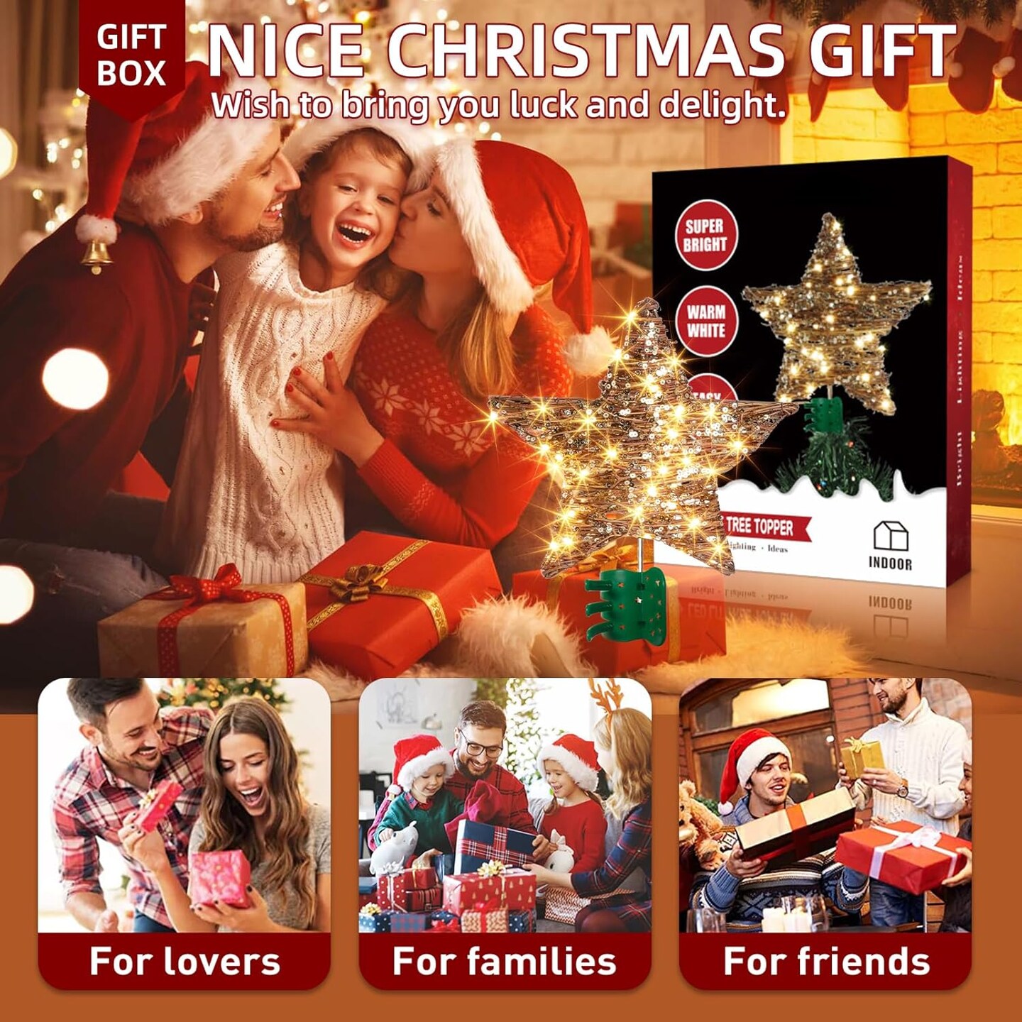 13.37&#x201D; 40 LED Christmas Rattan Tree Topper (Star) &#x9;13.375&#x201D;