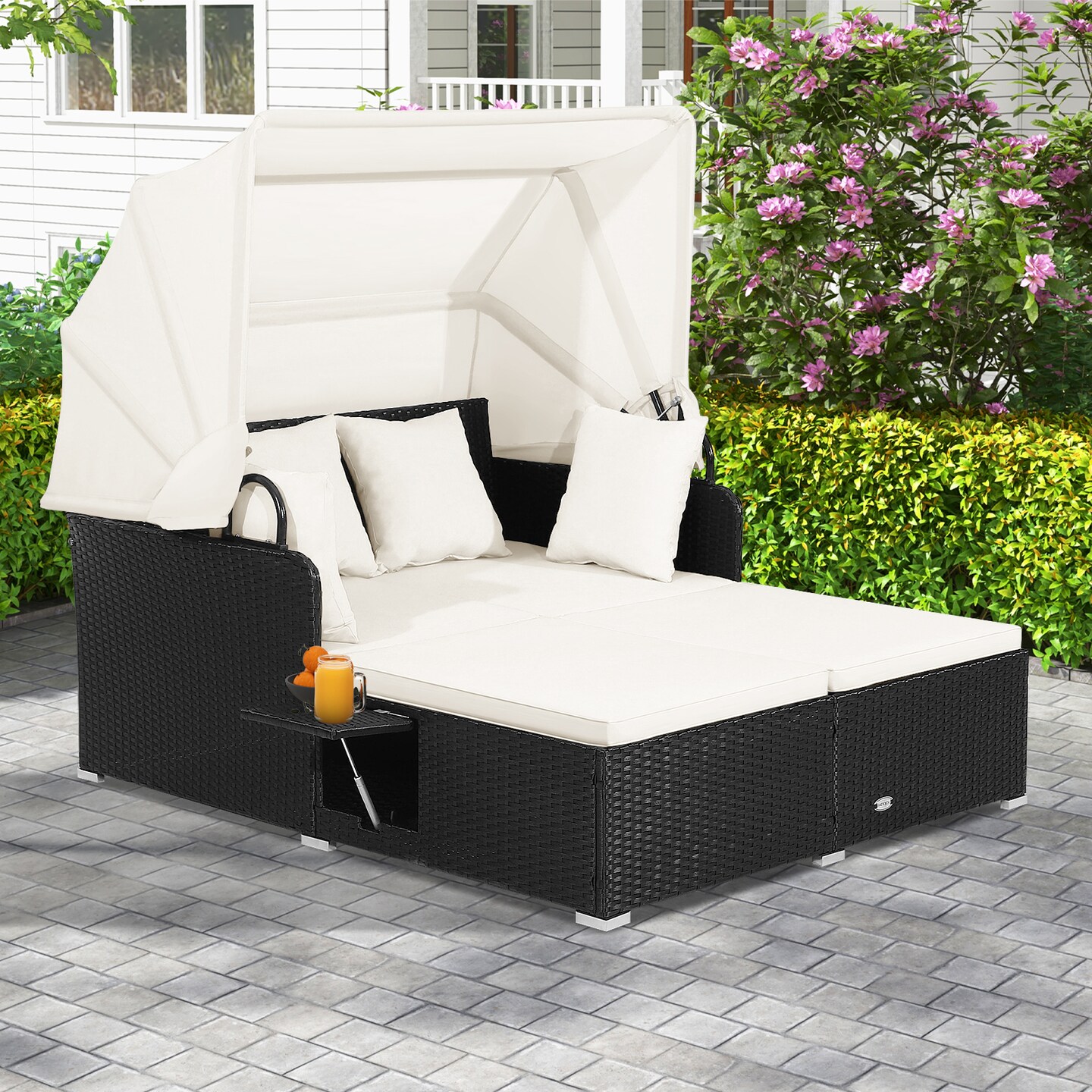 Outdoor Rattan Daybed With Canopy PE Wicker Patio Lounge Sofa Set With Cushions Poolside Garden Double Sun Bed Furniture
