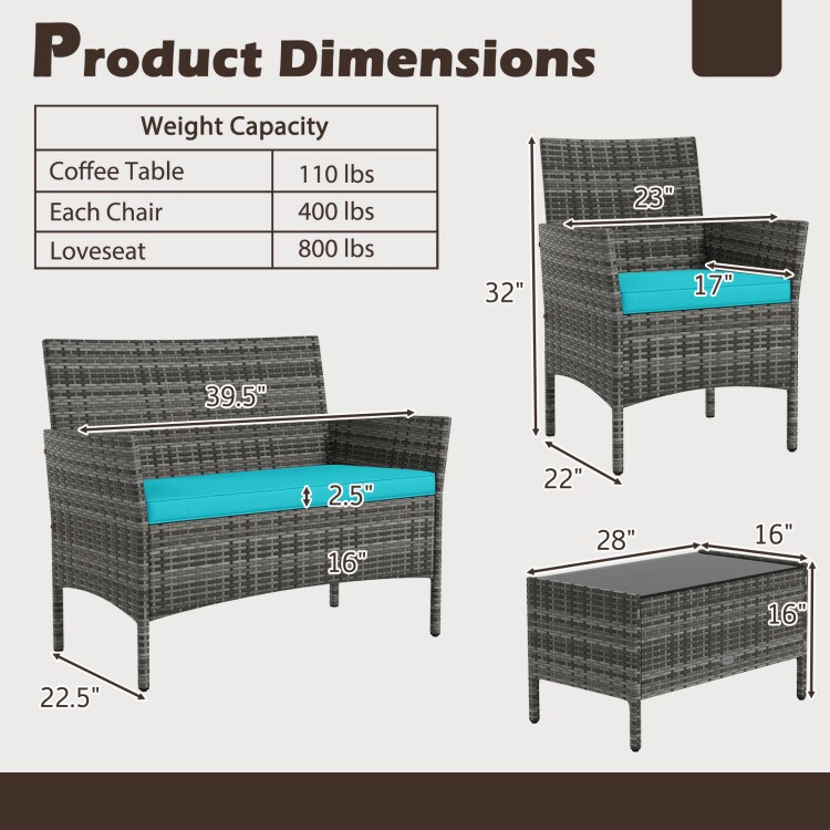 4-Piece Mix Grey Rattan Patio Furniture Set with Loveseat Chairs and Tempered Glass Table