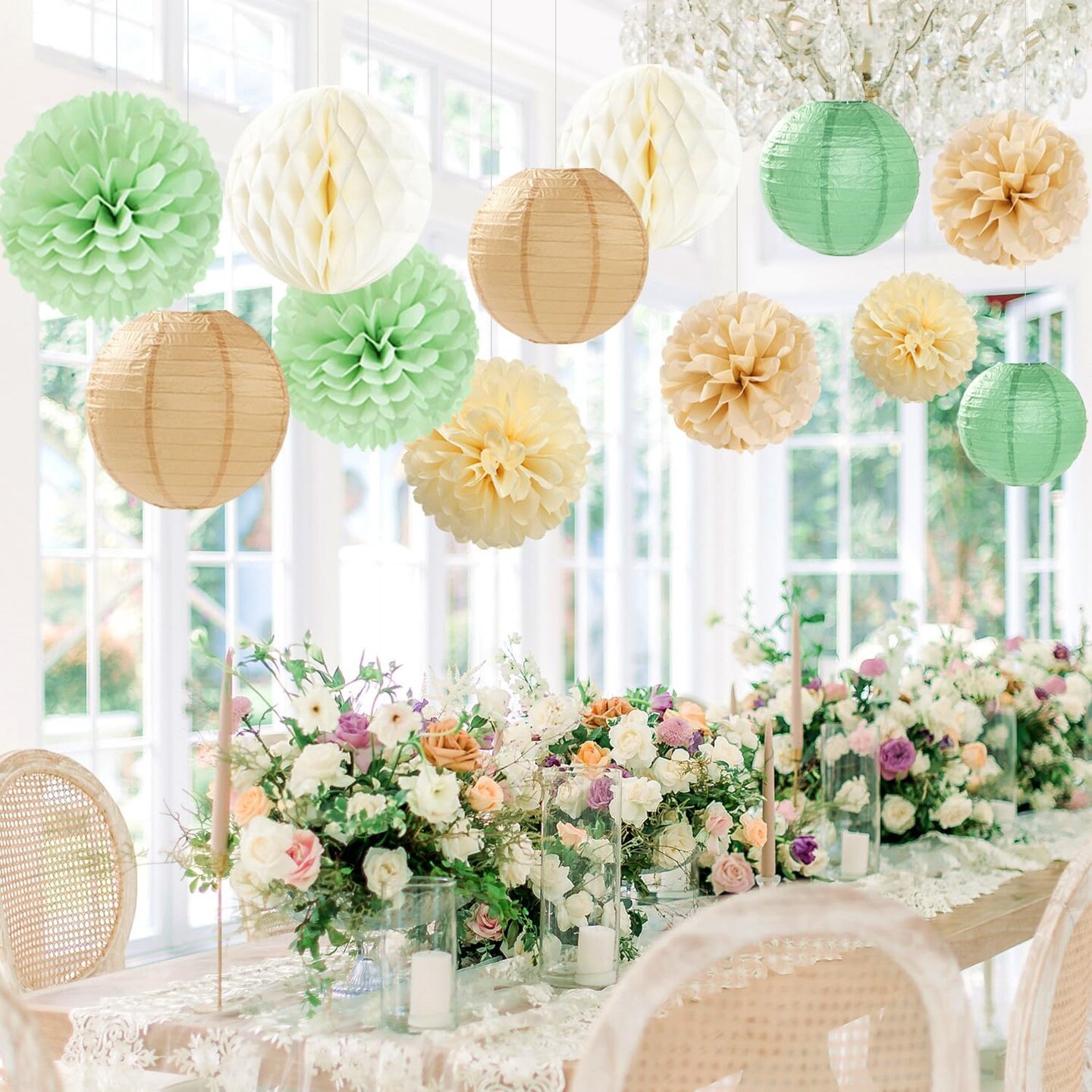 Sage Green-Boho Party-Decorations Paper-Flowers Lanterns(Beige Champagne Light Green)