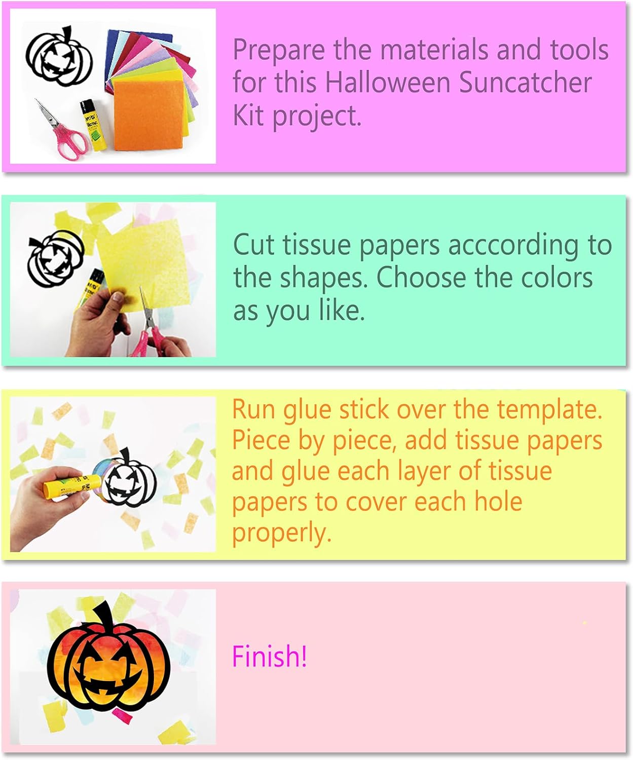 3 Sets Suncatchers Kid Craft with Tissue Papers Stained Glass Effect - 9 Cutouts (Halloween)