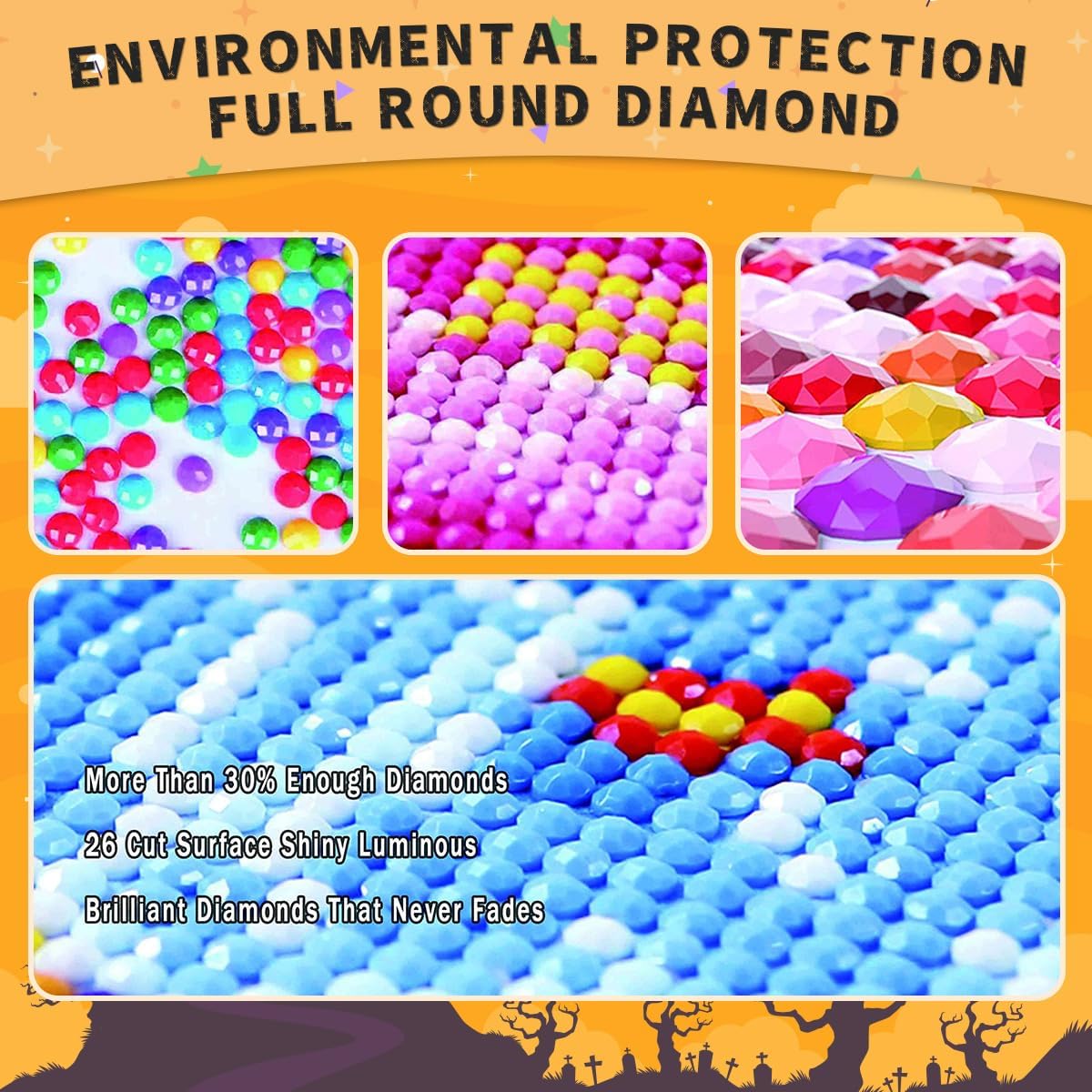 Diamond Painting Kit – Ghost on Pumpkin Head Halloween Spooky Art, 5D DIY Full Drill Round Diamonds with Tools, Holiday Craft Gift for Women & Men