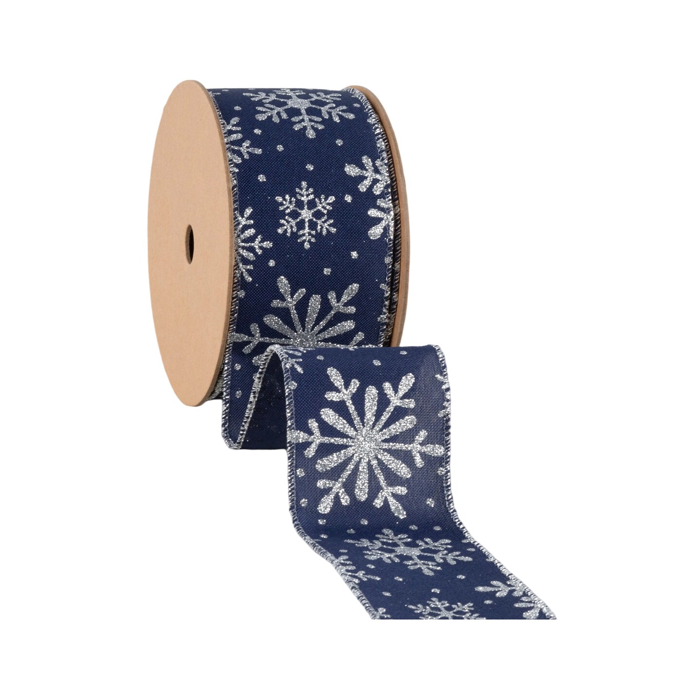 LaRibbons 2 1/2" Faux Linen Wired Ribbon | Blue w/ Giltter Silver Snowflake | 25 Yard Roll