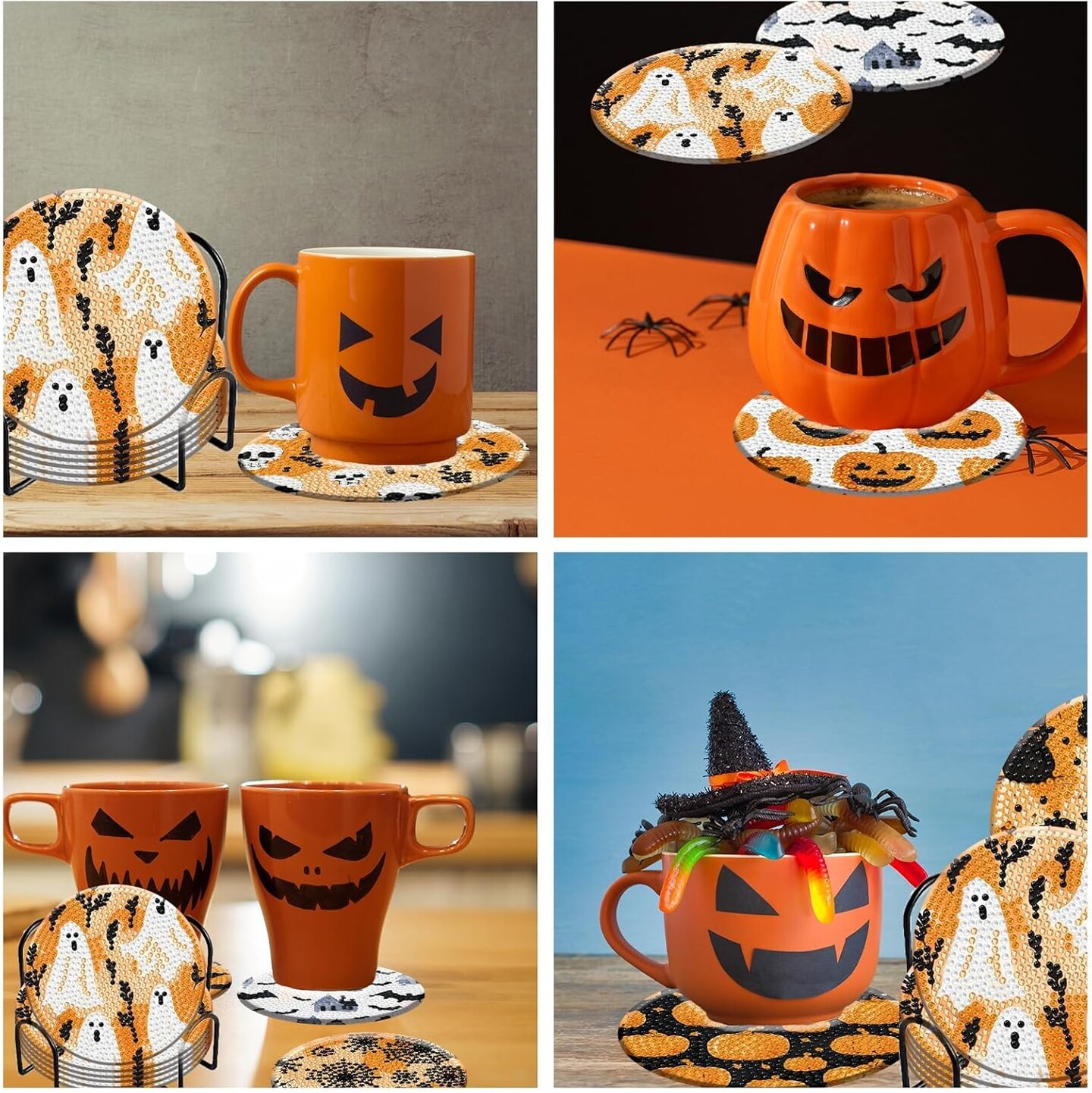 8 Pieces Halloween Diamond Art Coasters with Holder – 5D Full Drill DIY Diamond Dot Coaster Kit for Adults, Halloween Gift & Table Decor