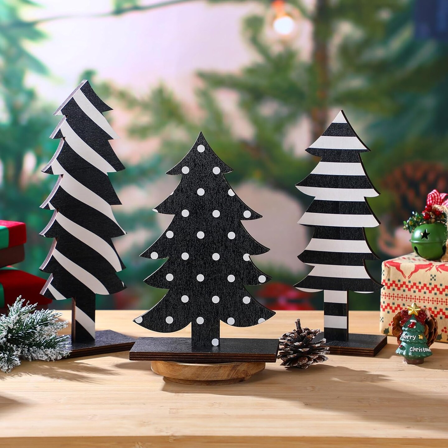 Black and White Wooden Christmas Tree Centerpieces (3 Pcs)