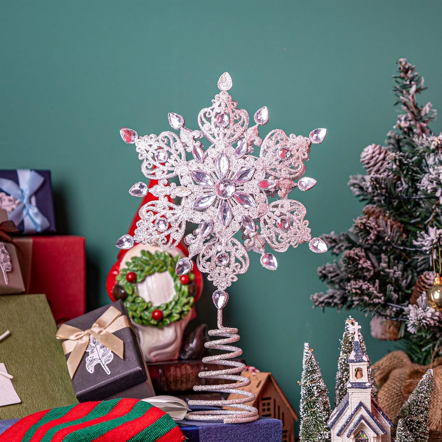 Tree Topper Metal Silver Star Snowflake Treetop (Kali) 9"L x 2.5"W x 14"H