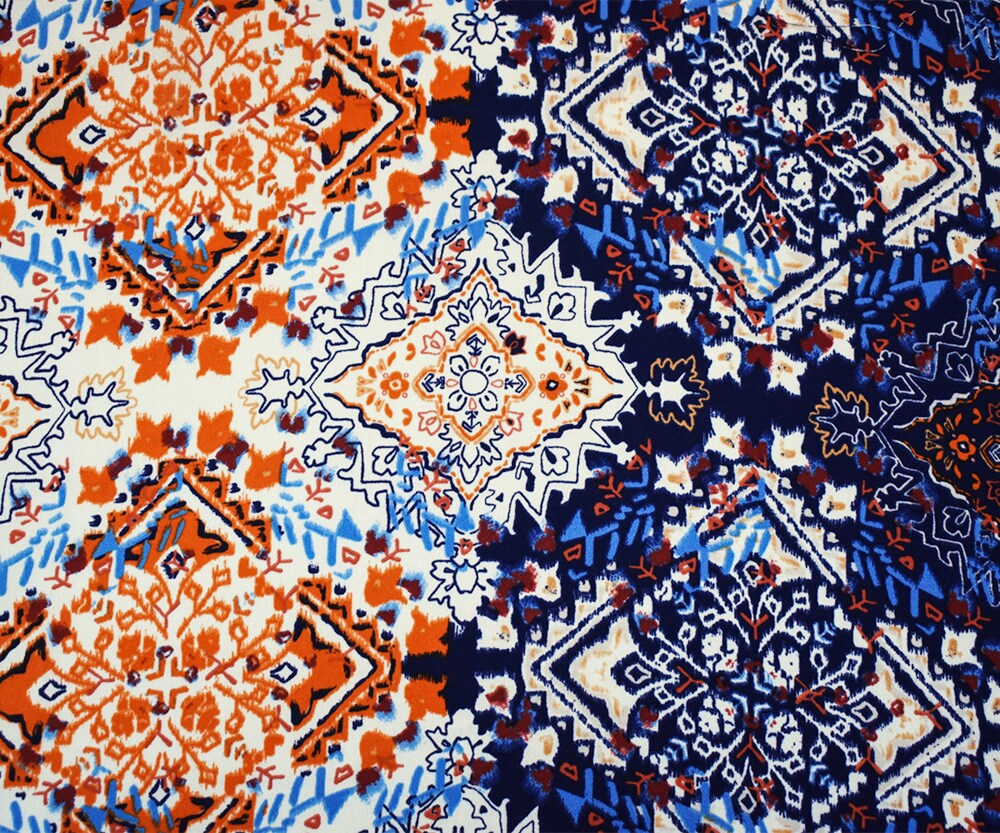 Deep Blue-Orange-Multi Aztec Printed Momie Crepe Georgette Woven Fabric By the Yard