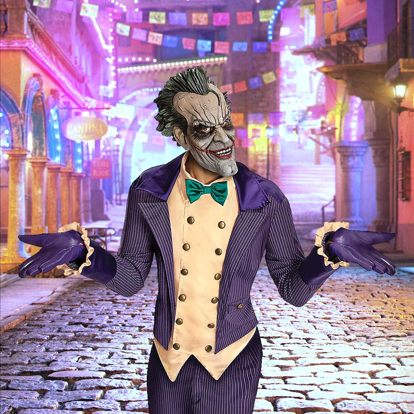 Men Arkham City Joker Costume with Mask Gloves and Jacket Set