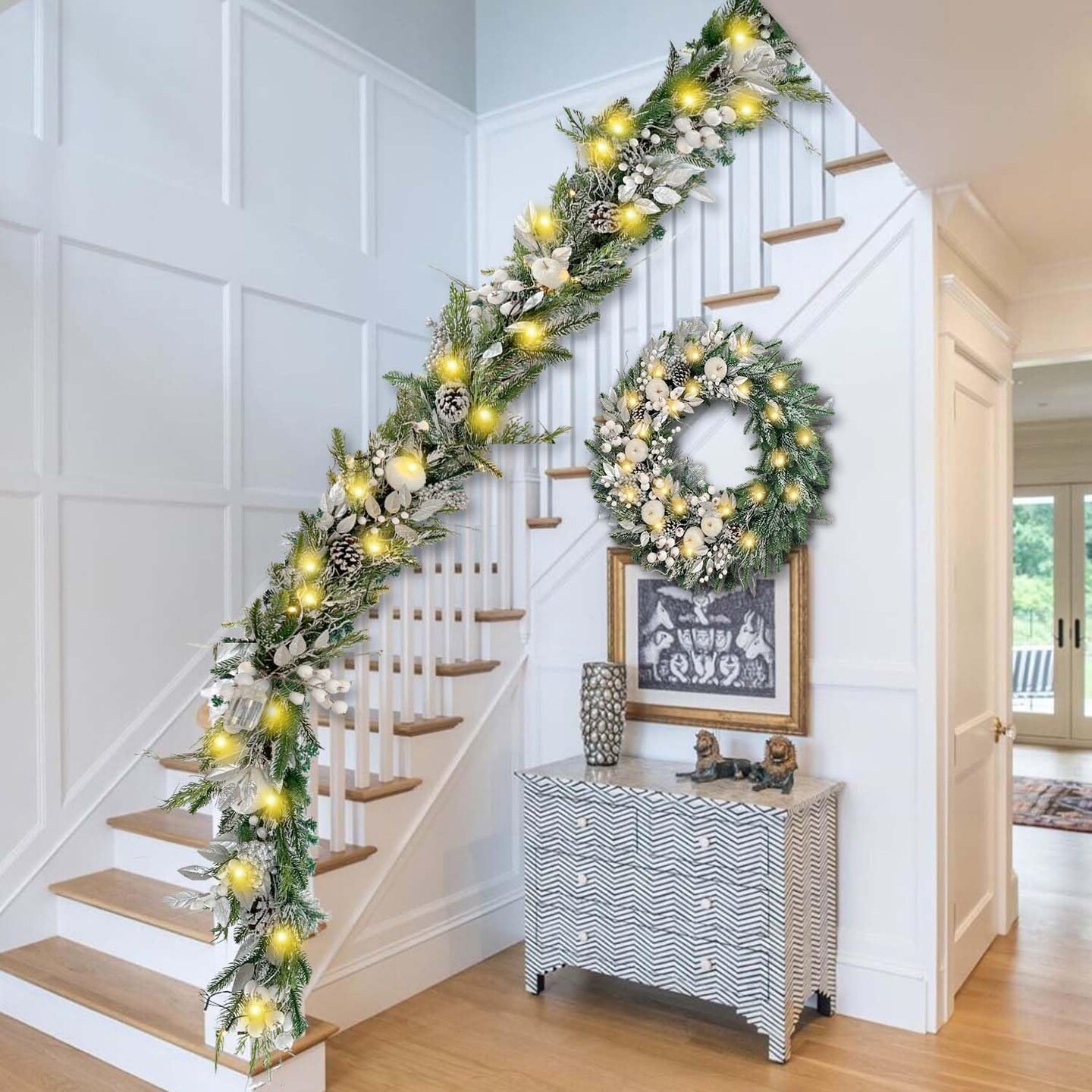 Pre-Lit 9 ft/108 Inch Christmas Garland with 50 Led Lights(05-sliver White)