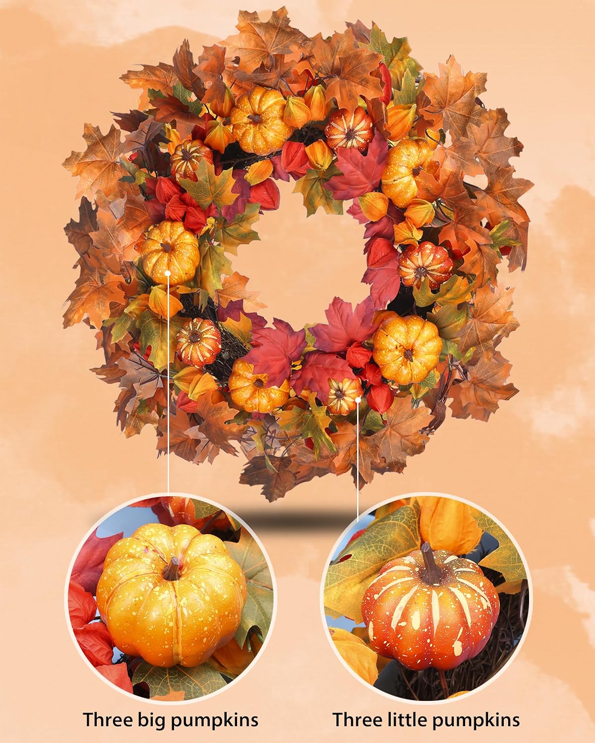 24&#x2019;&#x2019; Artificial Autumn Fall Wreaths with Pumpkin and Hook