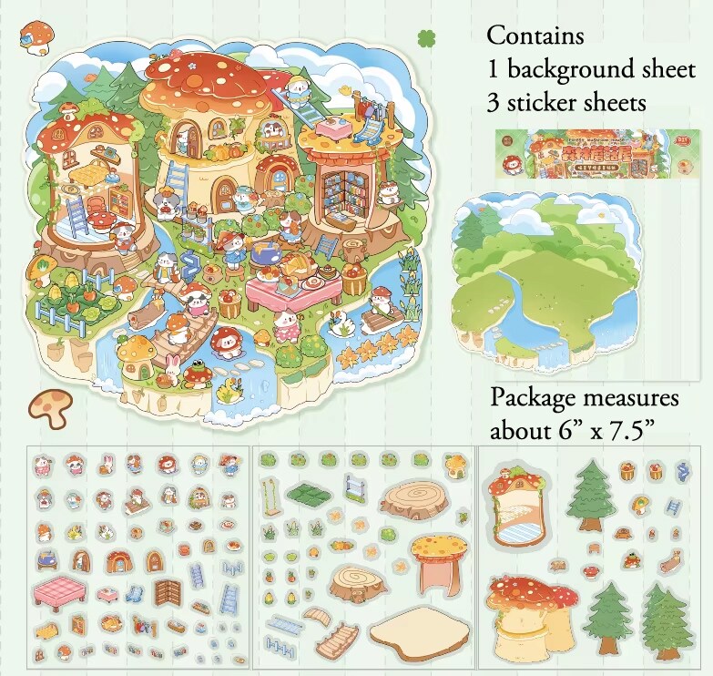4 Cute Sticker Scenes, 3D Isometric Sticker Room Activities & Tweezers, Adorabilities