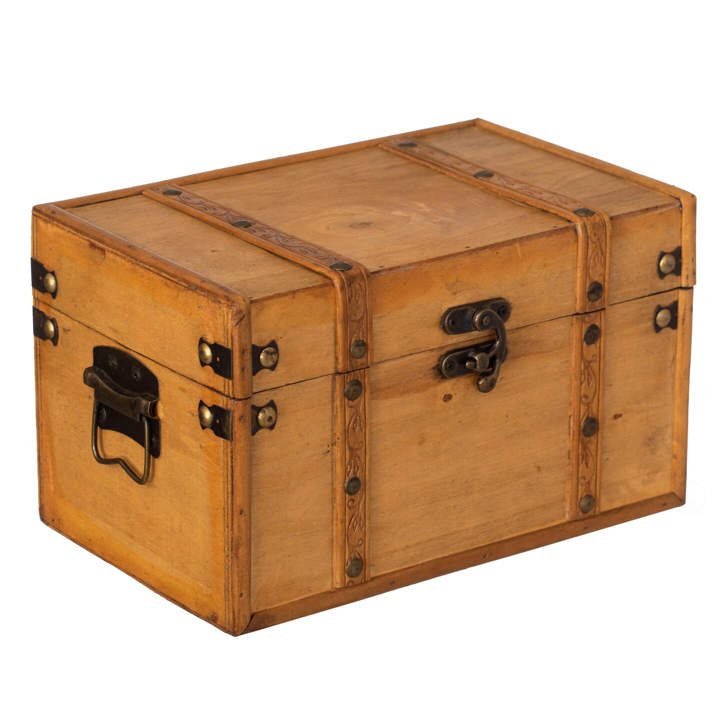 Vintiquewise Farmhouse Antique-Style Wood Treasure Chest with Leather Straps & Front Latch Decorative Storage Trunk for Trinkets Jewelry or Letters Rustic Accent for Home or Office Decor