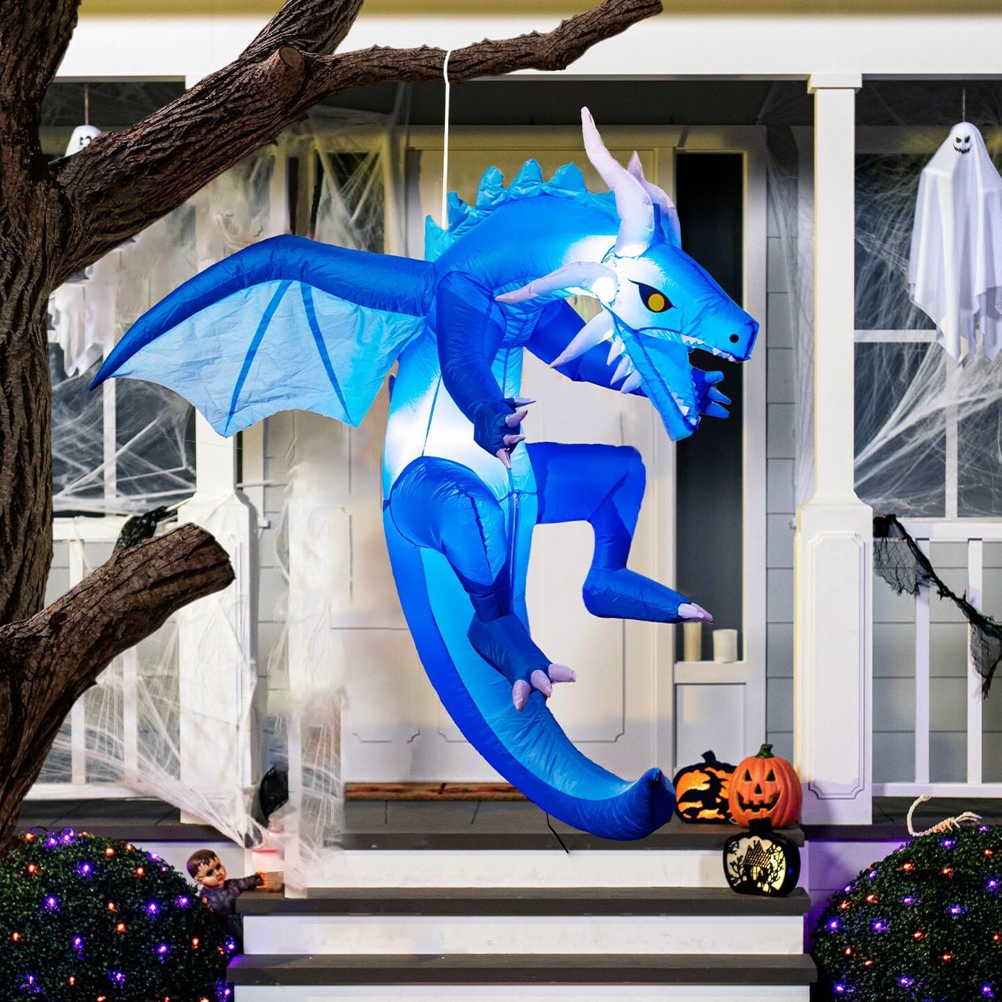 5 Ft Tall Halloween Inflatables Hanging Ice Dragon Outdoor Decorations with Build-in LEDs (Blue)