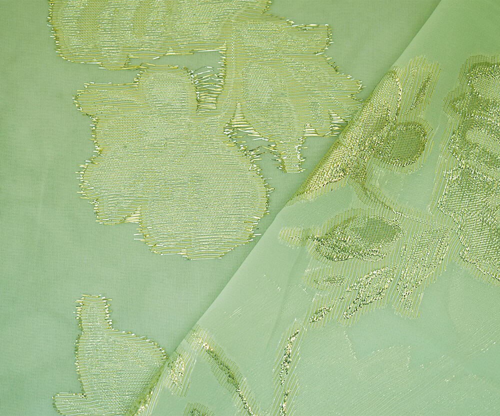 Light Green-Gold-Silver Nylon Metallic Floral Organza Woven Fabric By the Yard