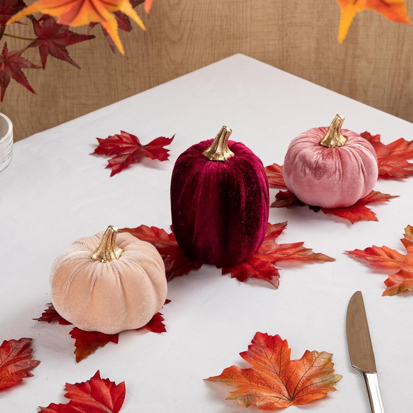 Artificial Velvet Pumpkins Fall Decor - 3 PCS Faux Fabric Foam Mini Orange Pumpkins DIY Decorative