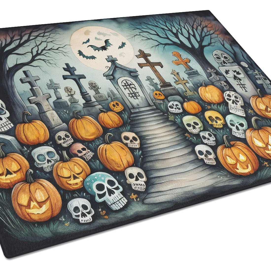 Edge Collections - 15" x 12" - Multicolor - Decorative Sugar Skulls Glass Cutting Board - 1 Piece