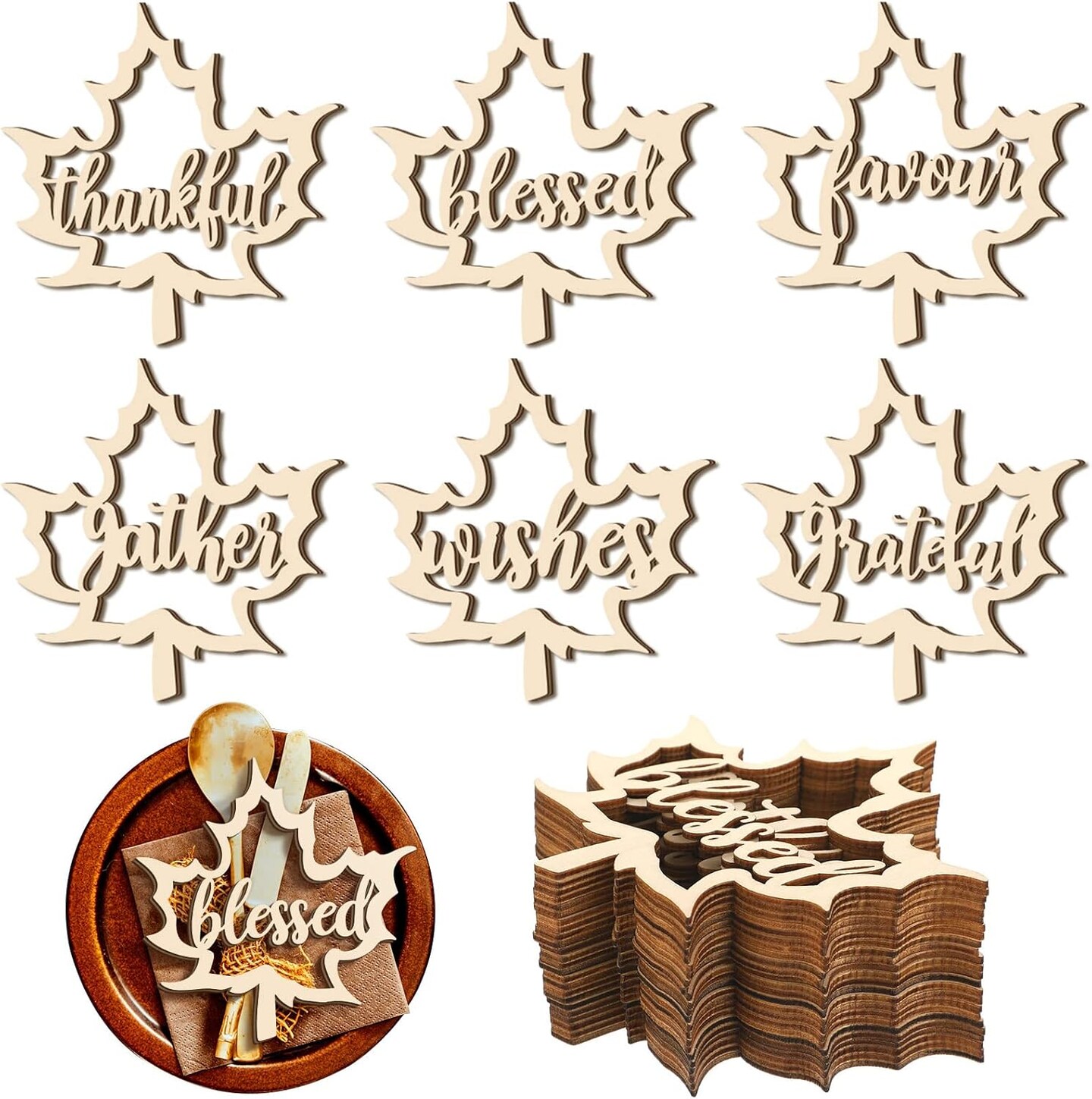24 Pieces Fall Thanksgiving Maple Wooden Plate Decor(Wood)