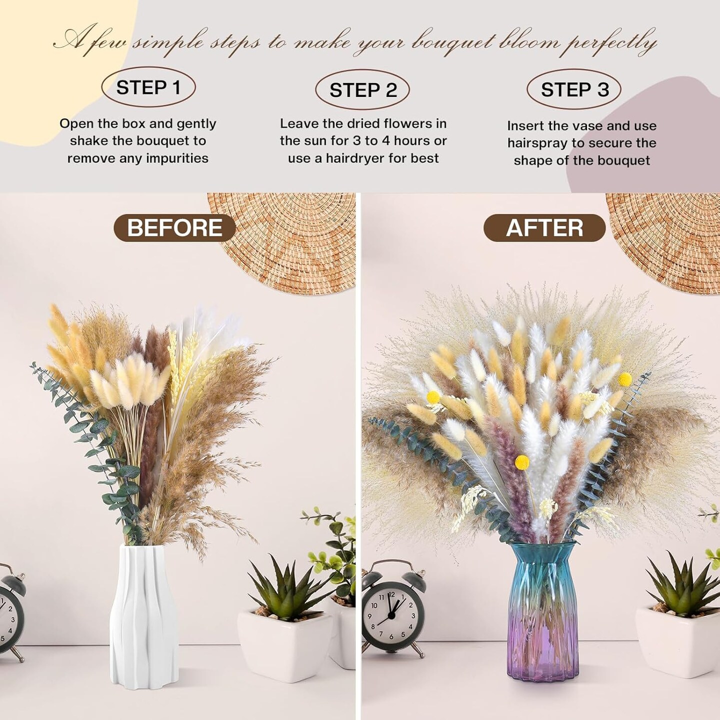 102pcs Dried Pampas Grass Flower Bouquet Decor(Beige)
