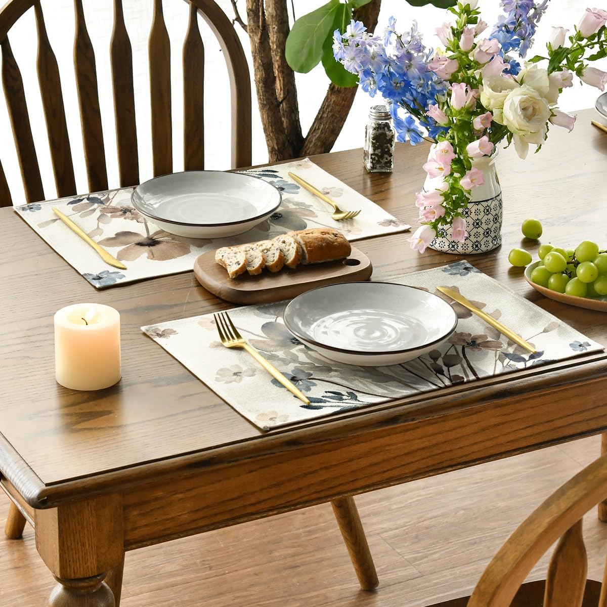 Set of 4 Brown Poppy Floral Leaves Fall Placemats - 12x18 Inch