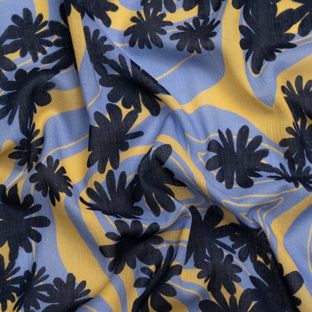 1 Yard Blue and Yellow Swirls Floral Crinkled Cotton Gauzy Fabric