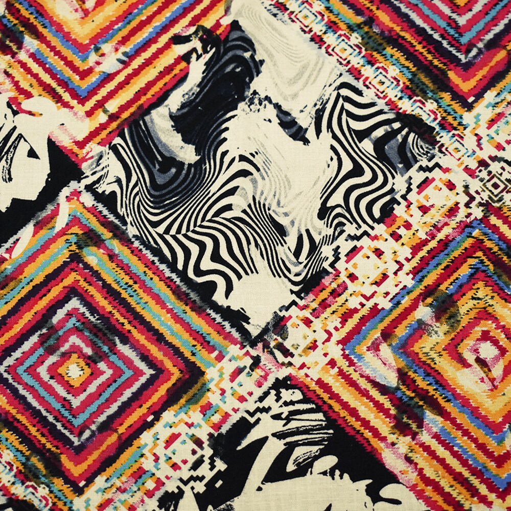 Red-Black-Multi Abstract Diamond Aztec Pattern Printed Linen Woven Fabric By the Yard