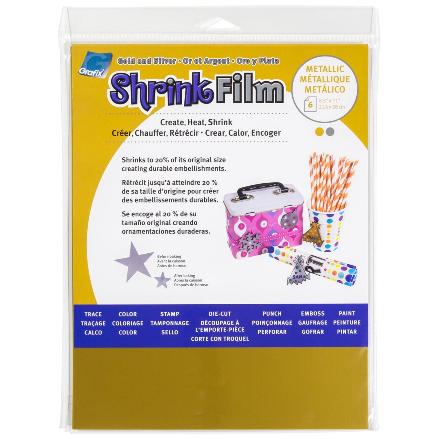 Grafix Shrink Film, 8-1/2 x 11 Inches, Gold and Silver, Pack of 6