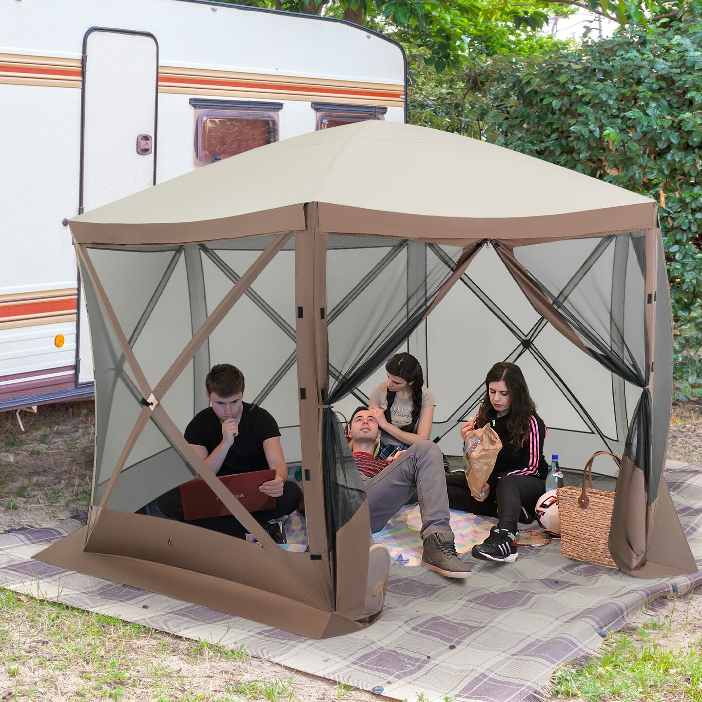 11.5x11.5 ft Coffee Outdoor Pop-Up Canopy Tent with Removable Side Panels for Camping or Picnic