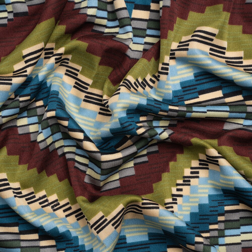 1 Yard Blue, Olive and Russet Making Waves Silk Jersey 45" Wide, Geometric & Striped Fabric for Dresses, Skirts, Tops
