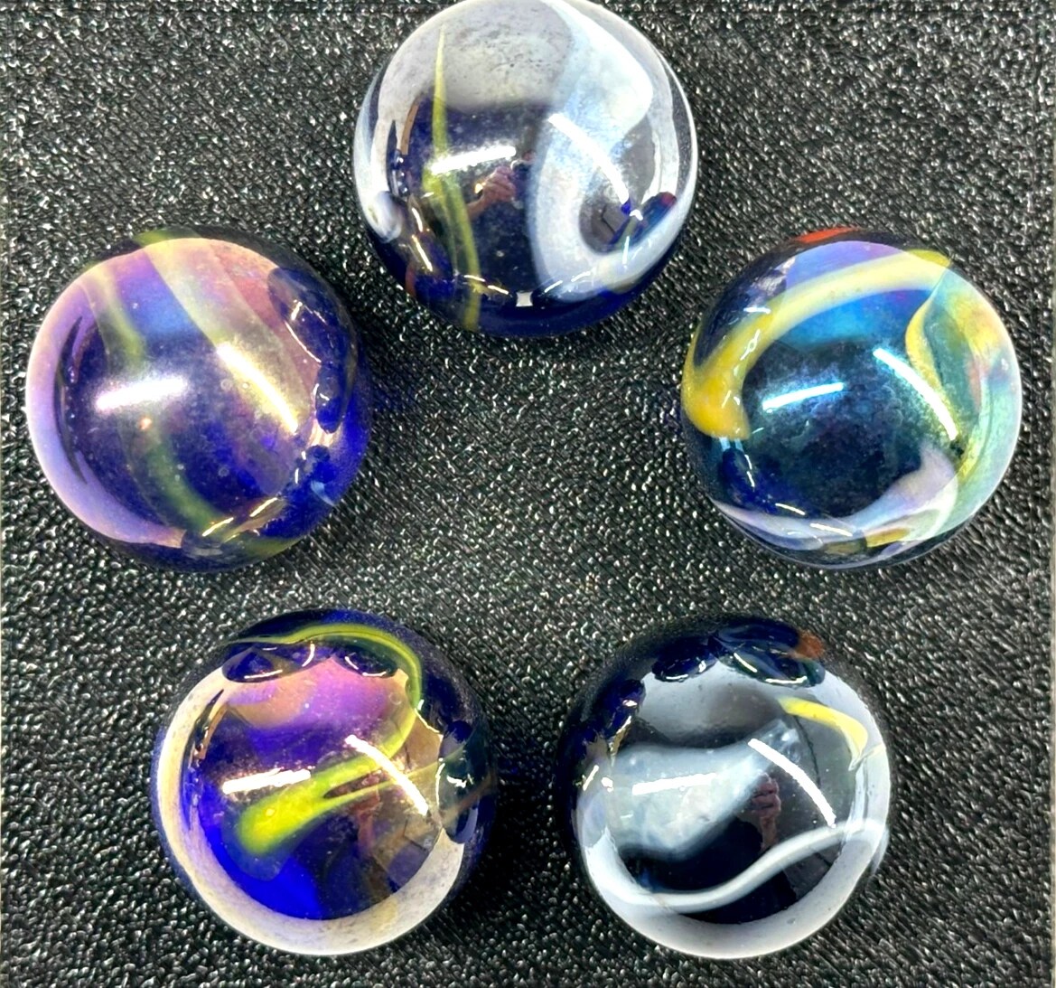 SNORKLE Blue/Yellow Iridescent Glass Marbles 22mm (7/8 inch) SHOOTER Taw (Lot of 5)