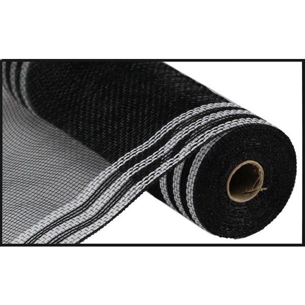 10.25" Border Stripe Faux Jute Mesh Ribbon: Black/White (10 Yards)