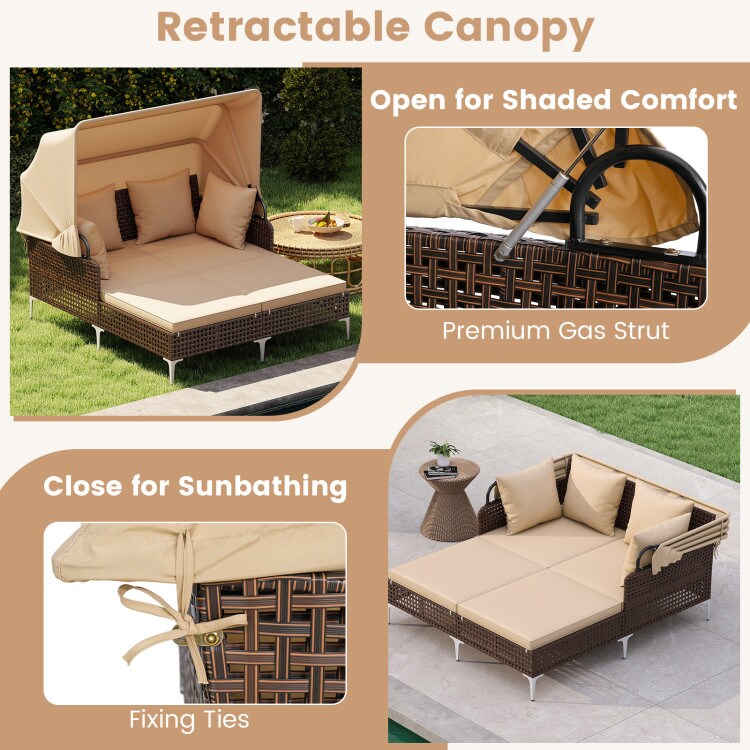 Outdoor PE Rattan Sun Lounger with Double Cushions and Retractable Canopy Heavy-Duty Metal Frame