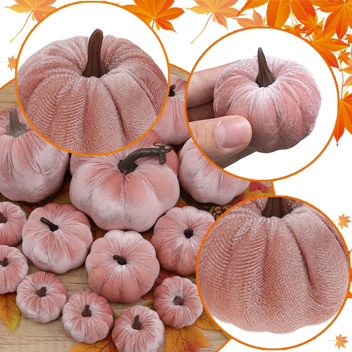 16Pcs Pink Fake Foam Pumpkins Decorating Velvet Fabric Pumpkin