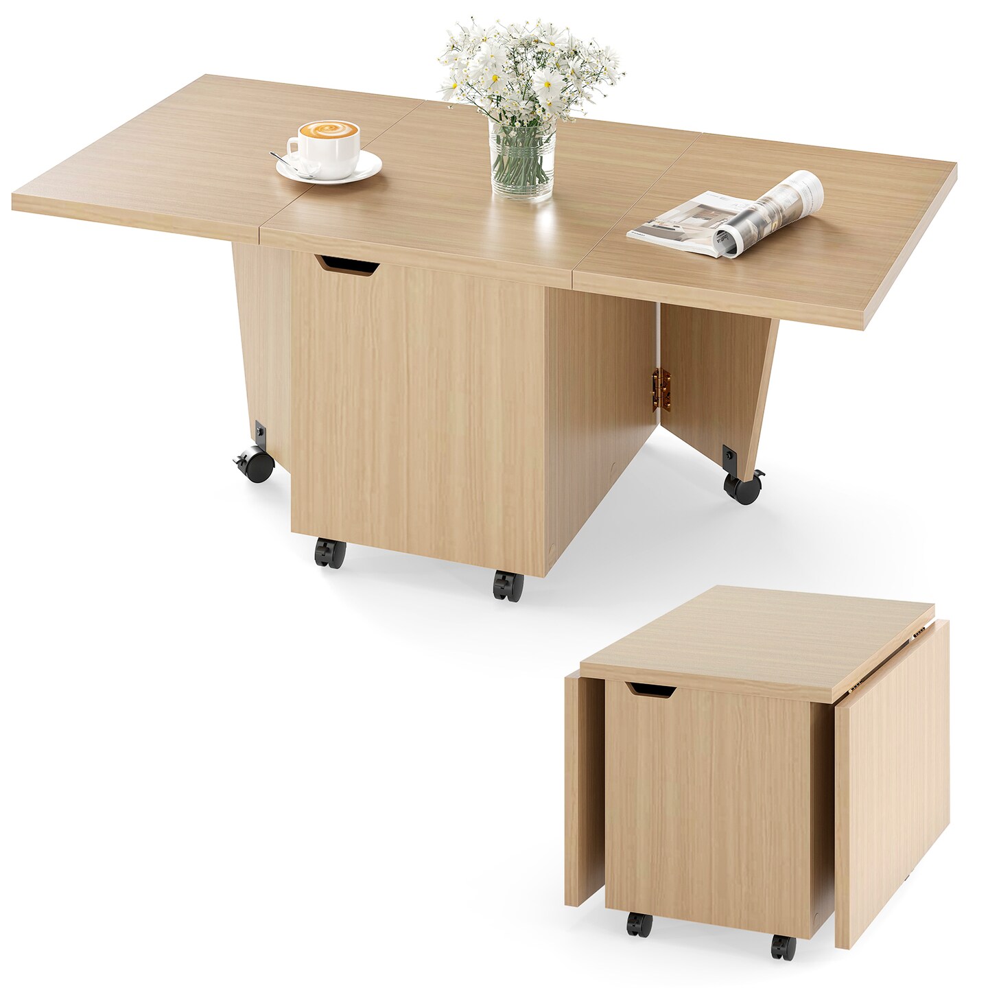 Foldable Coffee Table with Storage Cabinet and Extendable Top