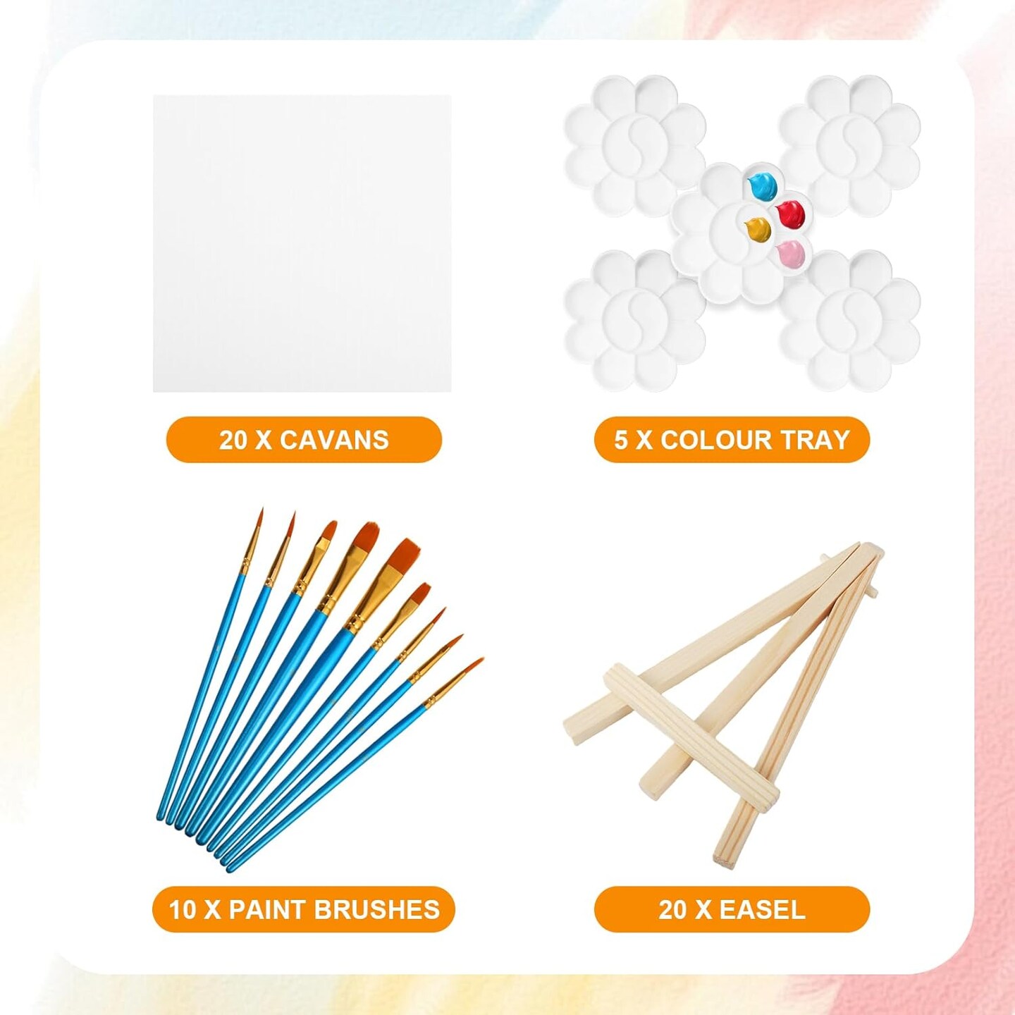 20 Pack Mini Canvas and Easel Set(20 Pack 4x4 in Mini Canvases, with 10 Brushes &#x26; 5 Paint Tray)