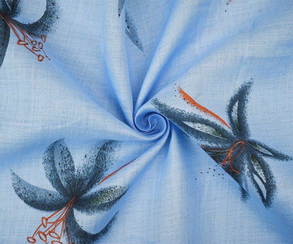 Blue-Orange-Multi Lily Printed Linen Woven Fabric By the Yard
