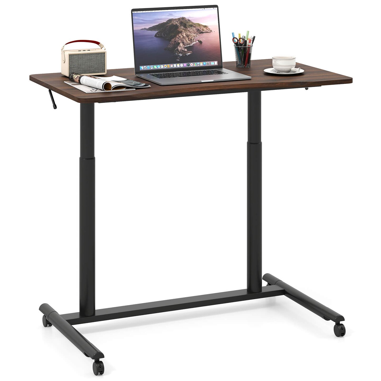 Goplus Height Adjustable Computer Desk Sit Stand Rolling Notebook Table Natural\Brown\Black