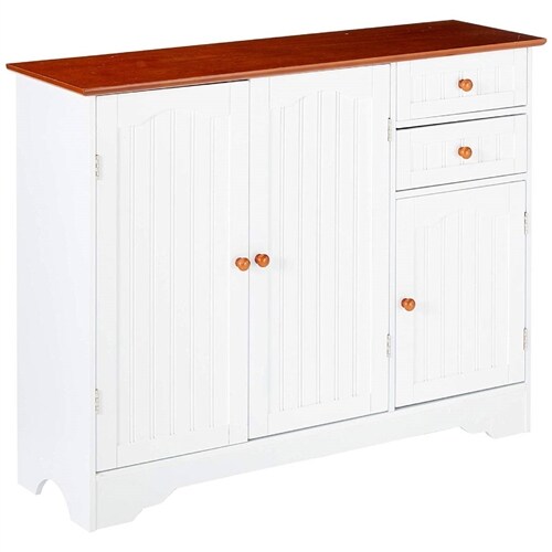 White Wood Sideboard Buffet Cabinet with Walnut Finish Top and Knobs