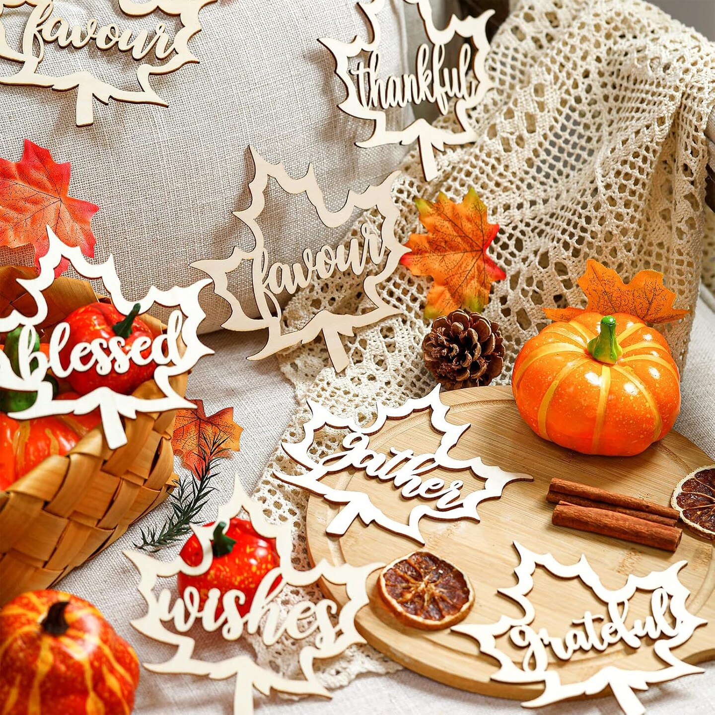 24 Pieces Fall Thanksgiving Maple Wooden Plate Decor(Wood)