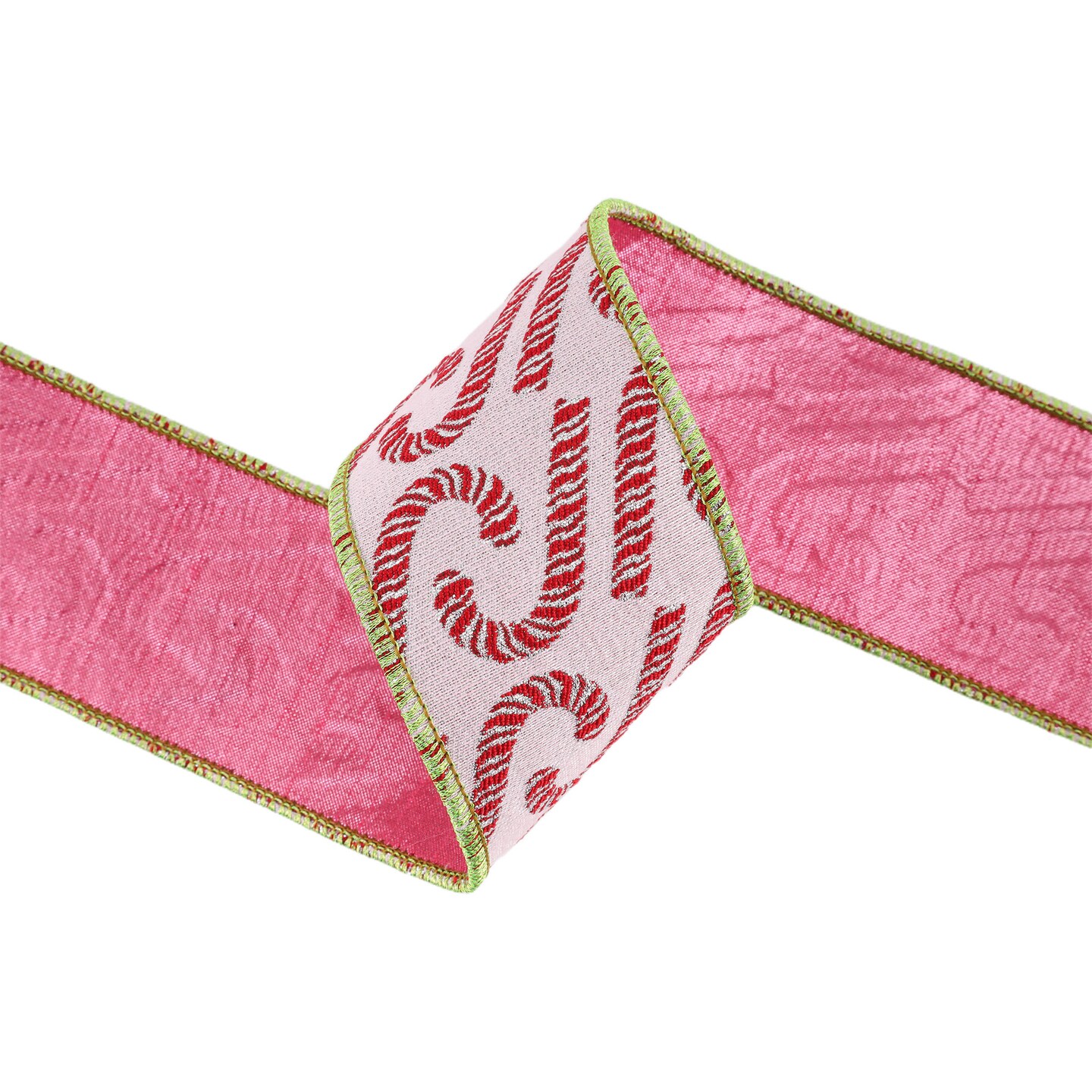 LaRibbons 4&#x22; - 2 1/2&#x22; Wired Jacquard Ribbon | Candy Cane on Pink w/ Dupioni Backing | 5 Yard Roll